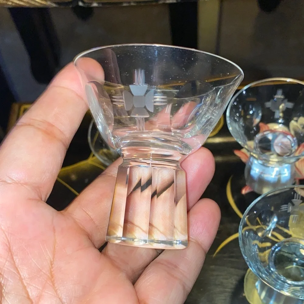 Vintage Mid Century Czech Art Deco Crystal Clear Glass Accent 4 Shot Glass BX39